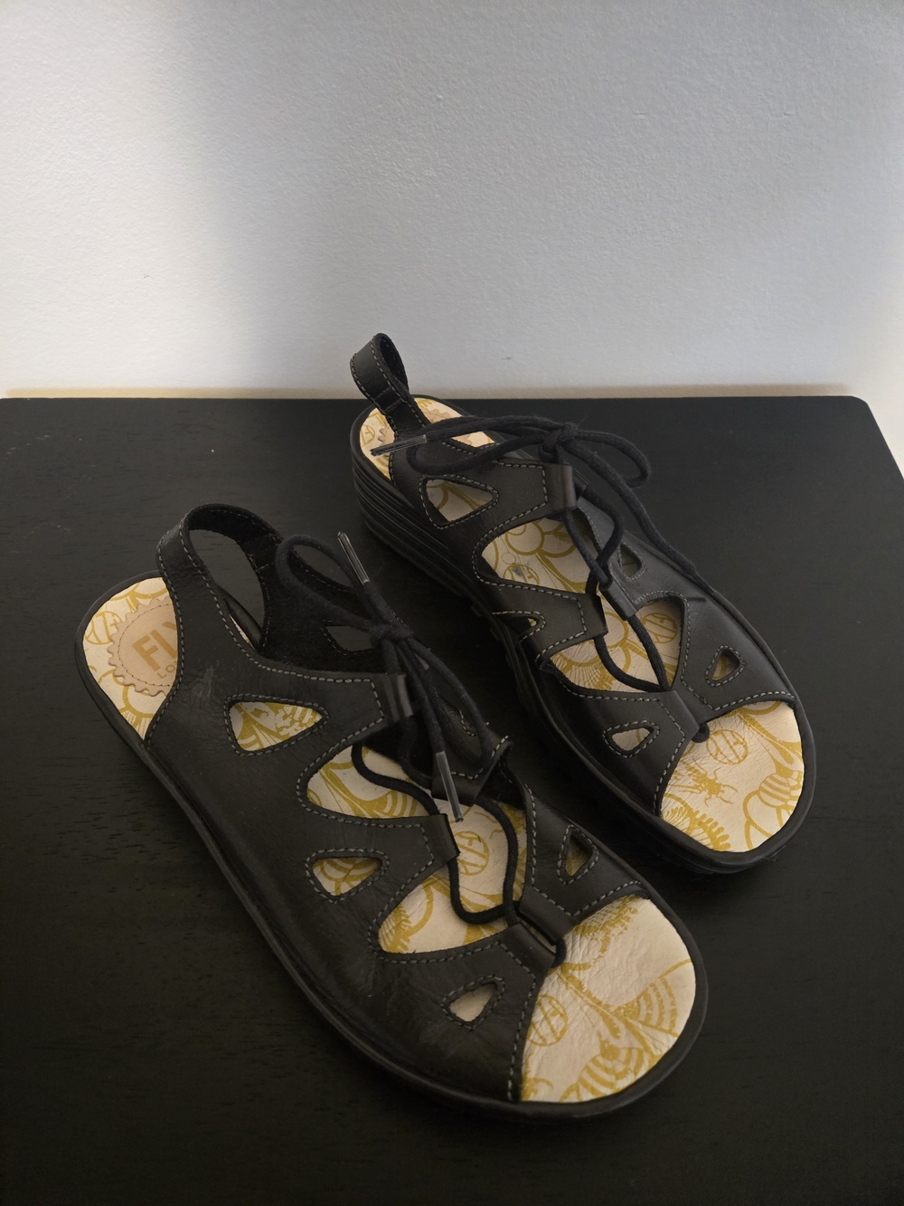 Fly London Black Sandals with Yellow Printed Insole
